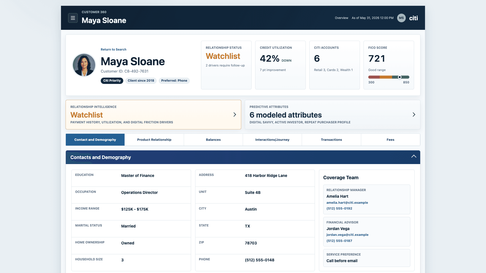 Sanitized Customer 360 prototype overview with identity, relationship status, and customer metrics