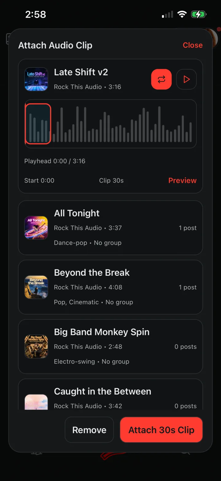 Rock This mobile app screen showing soundtrack clip attachment controls
