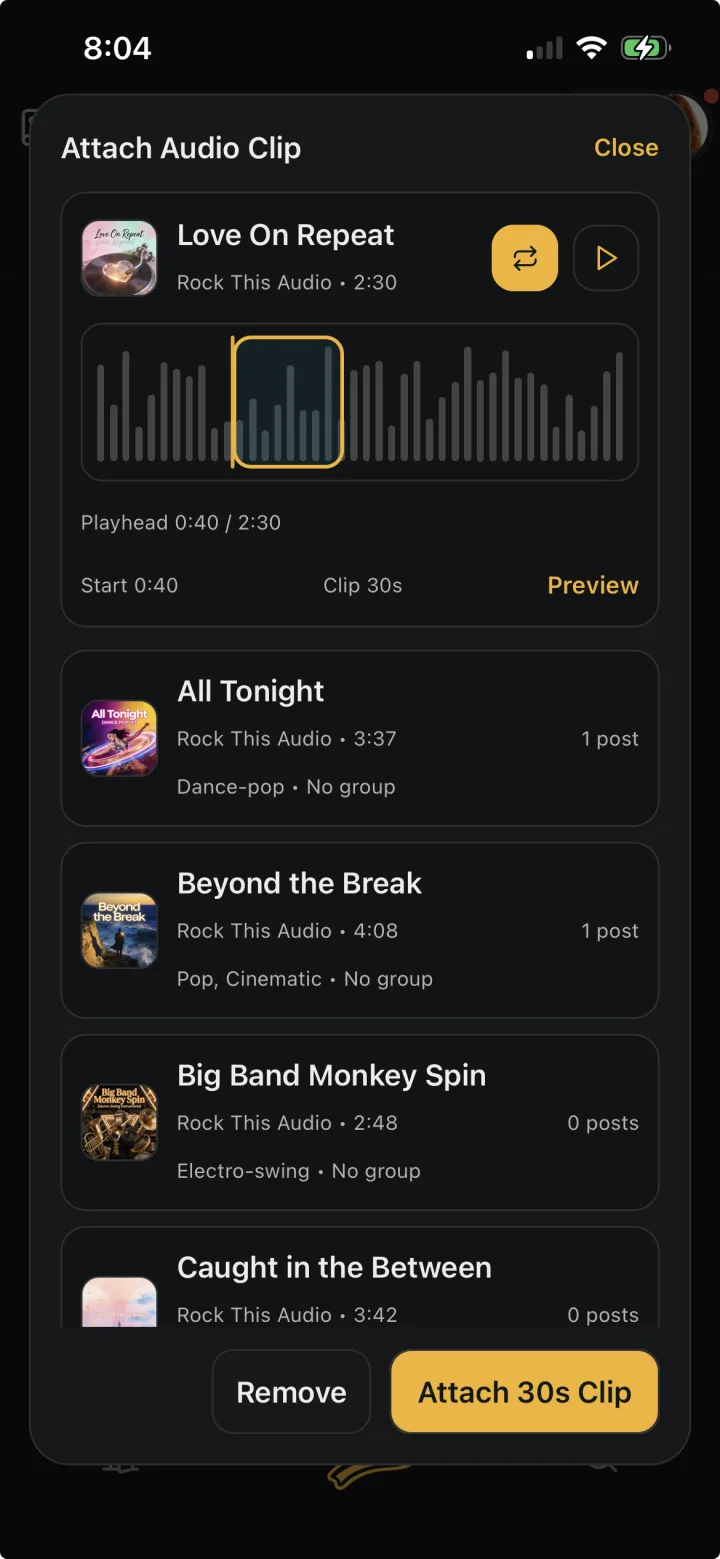 Rock This soundtrack catalog management screen with track and artwork controls