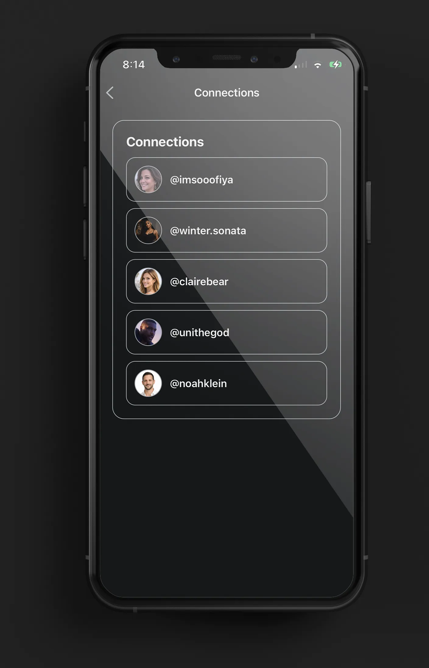 Rock This social connections screen with profile handles and follow context