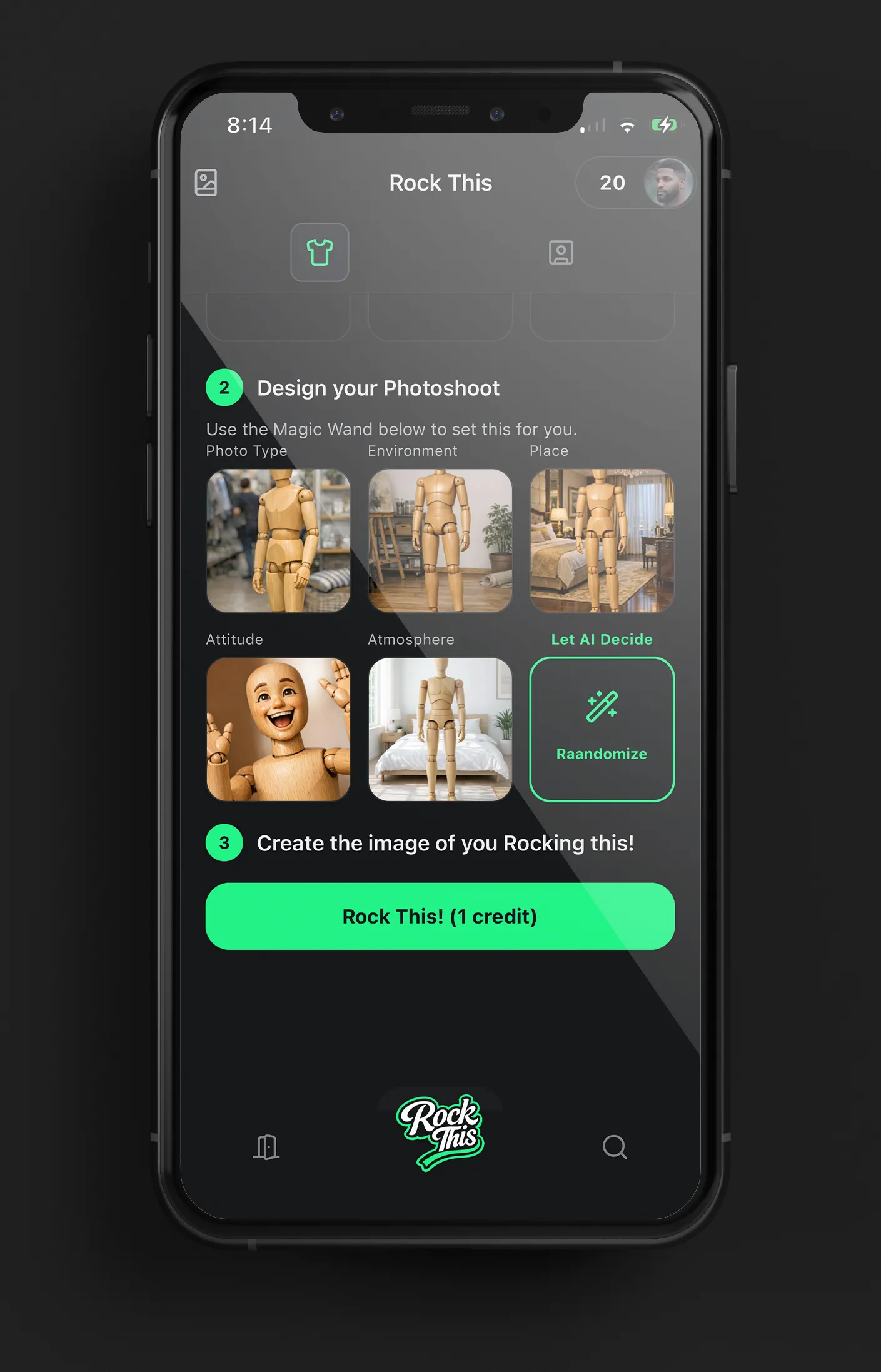 Rock This photoshoot design controls with photo type, environment, place, attitude, atmosphere, and randomize options