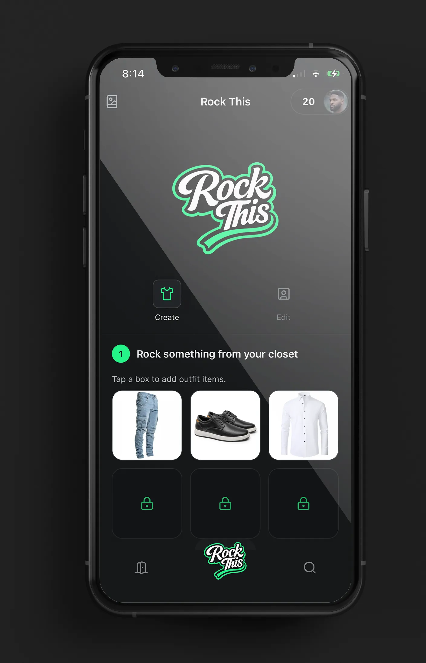 Rock This outfit selection screen with closet item slots and generated style flow