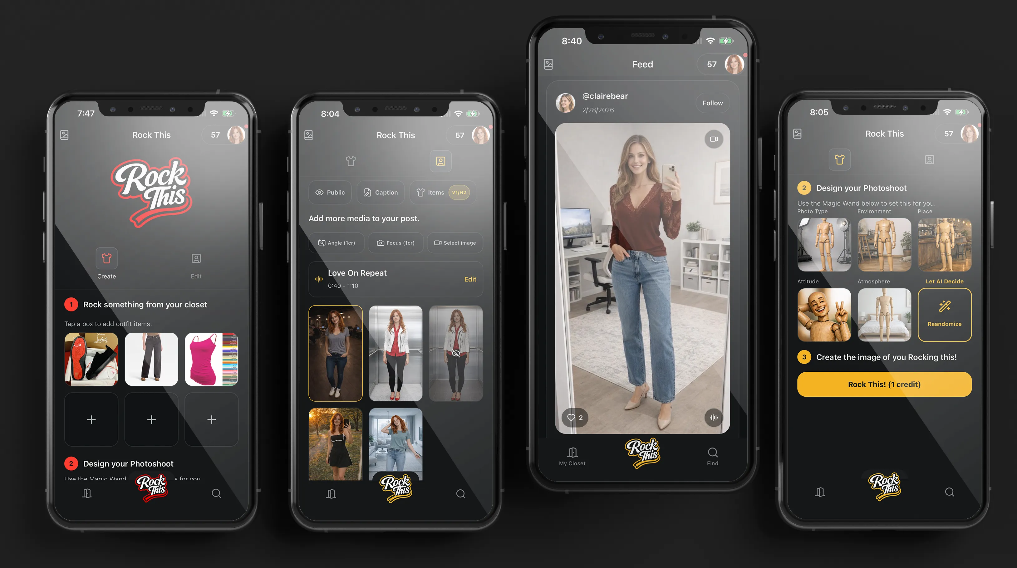 Rock This mobile app screens showing outfit creation, media posting, feed, and photoshoot controls
