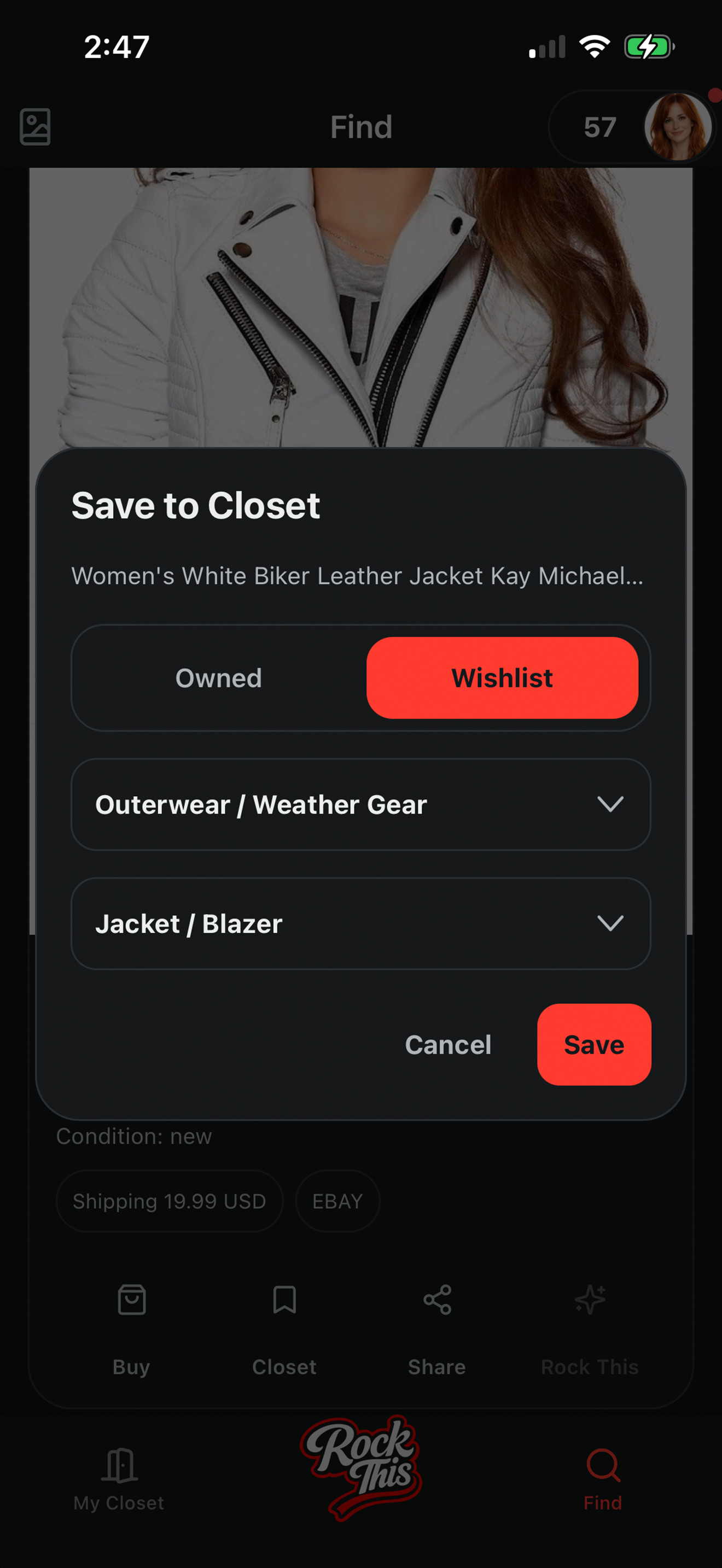 Rock This save-to-closet screen with item category and closet controls