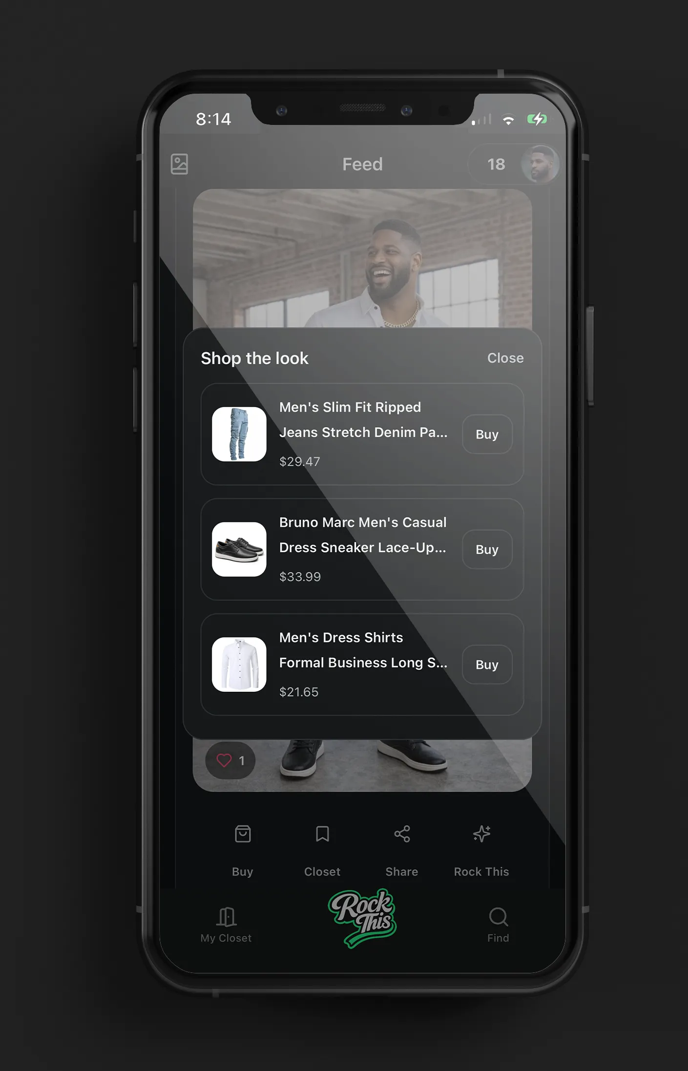 Rock This shop the look surface with product cards and buy actions